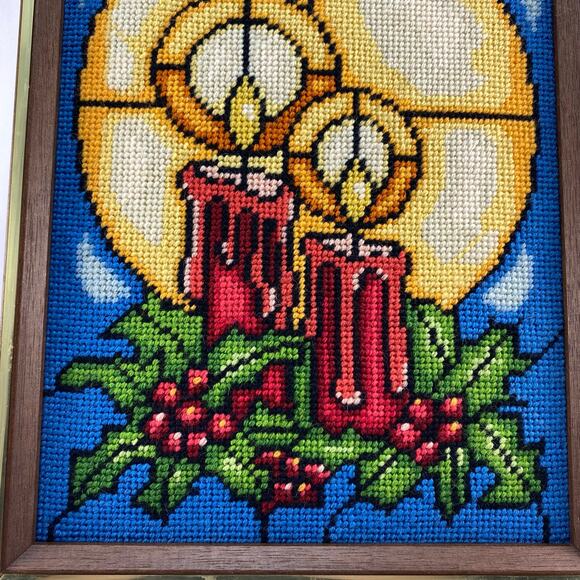 SUNSET DESIGNS “Stained Glass Candles” Christmas Needlepoint Framed Wall Art - Picture 4 of 6